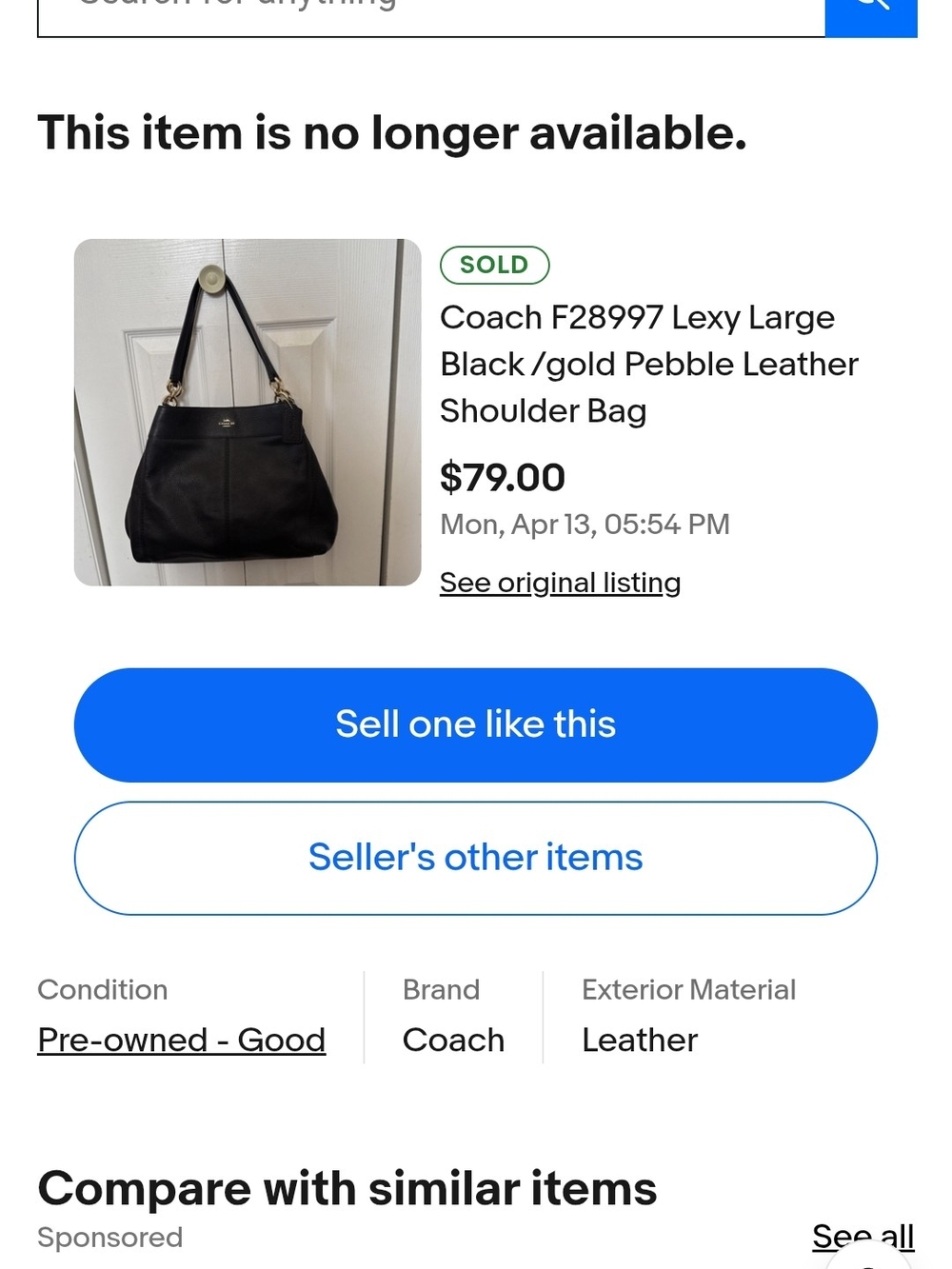 Coach Lexy Large Black Leather Shoulder Bag with Gold Hardware